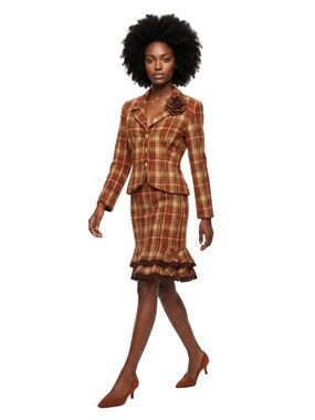 Vintage Rust Plaid Skirt Set with Gold and Cream Accents